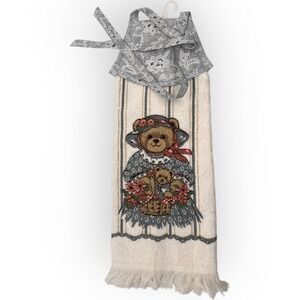 Vtg Hanging Kitchen Towel Works Made USA Teddy Bear 90s Country Blue Cottagecore